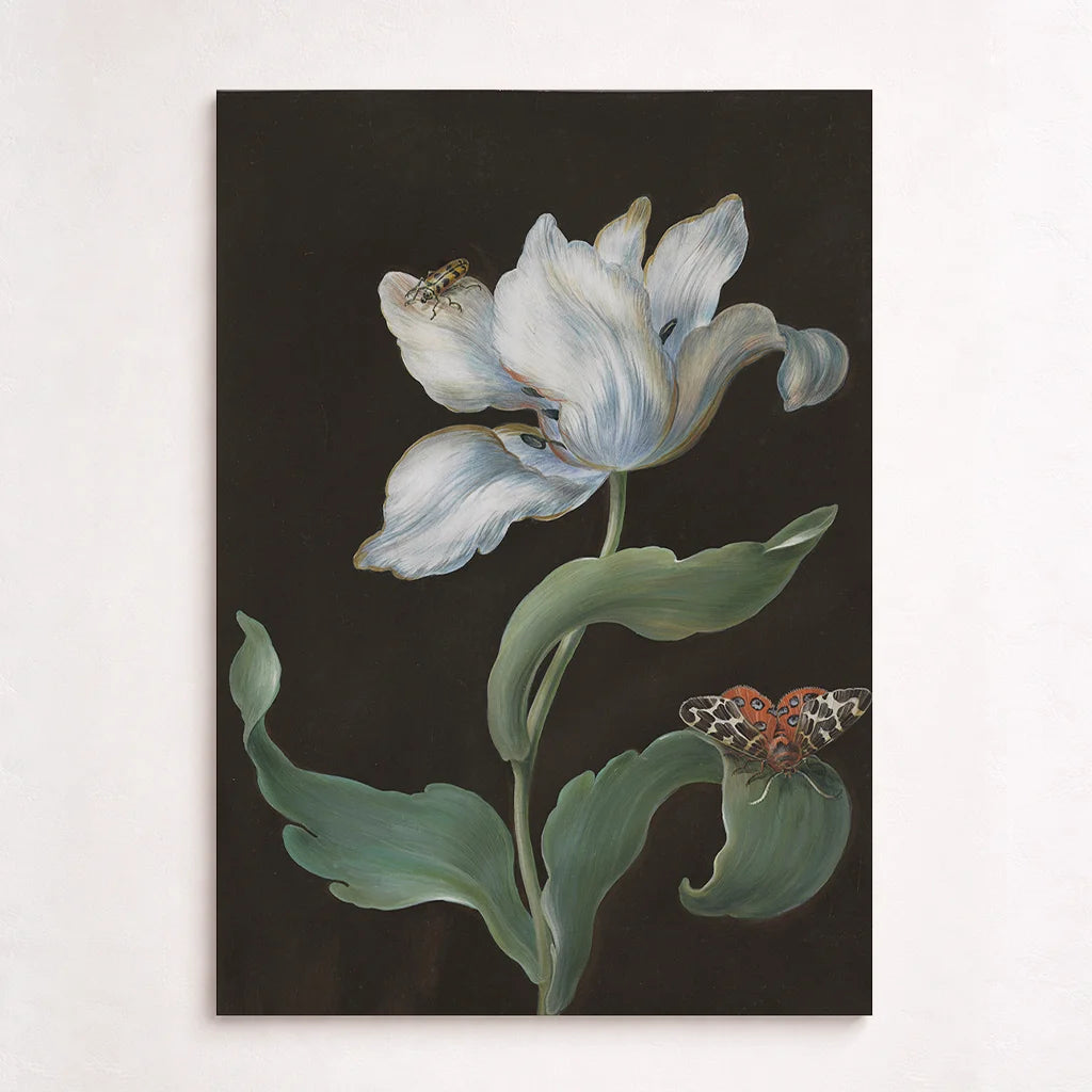 A tulip, a butterfly, and a beetle
