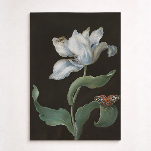A tulip, a butterfly, and a beetle